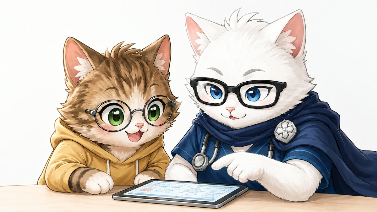 猫ナースと読者が一緒にタブレットで学んでいるイラスト