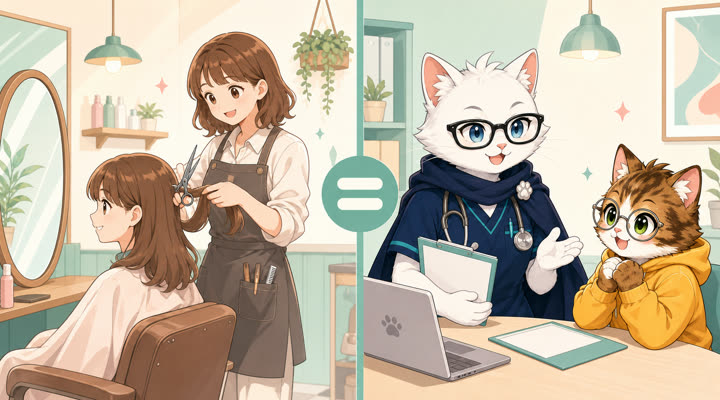 美容室の担当者に例えて複数転職サービスを使う理由を説明するイラスト