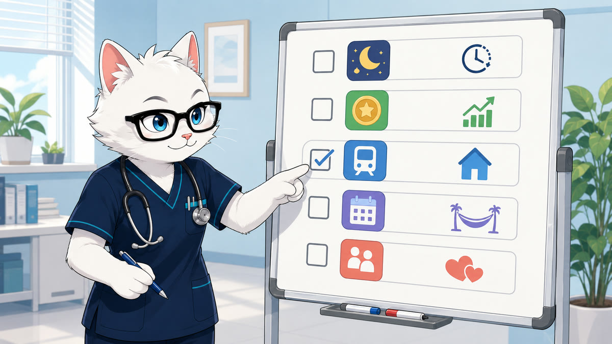 猫ナースがホワイトボードで常勤の希望条件を整理しているイラスト