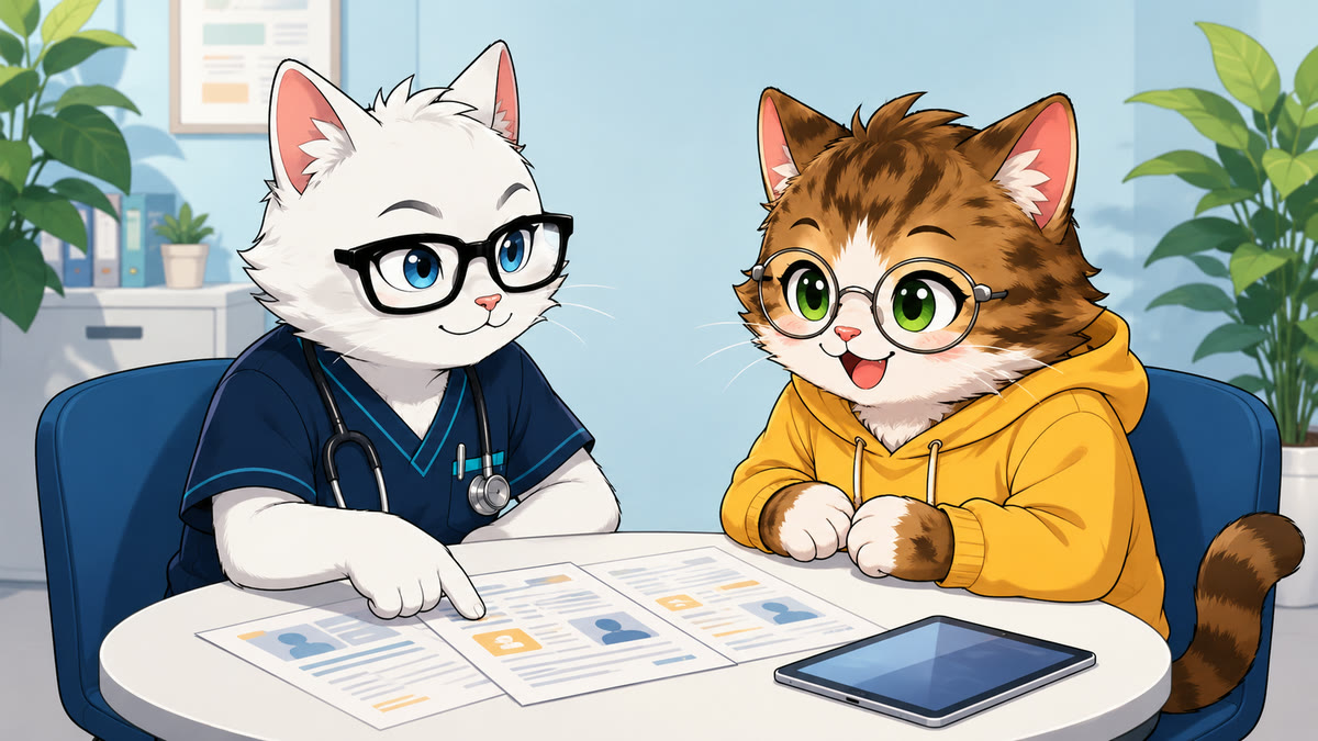 猫ナースと読者が求人票を見ながら転職相談しているイラスト
