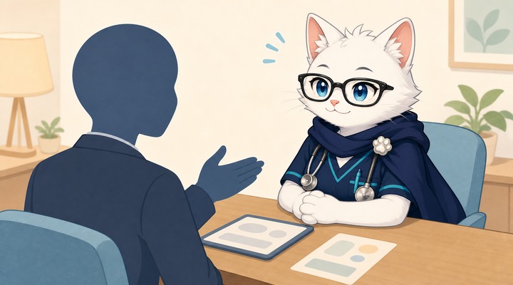 エージェントの説明を聞いて安心している猫ナースのイラスト
