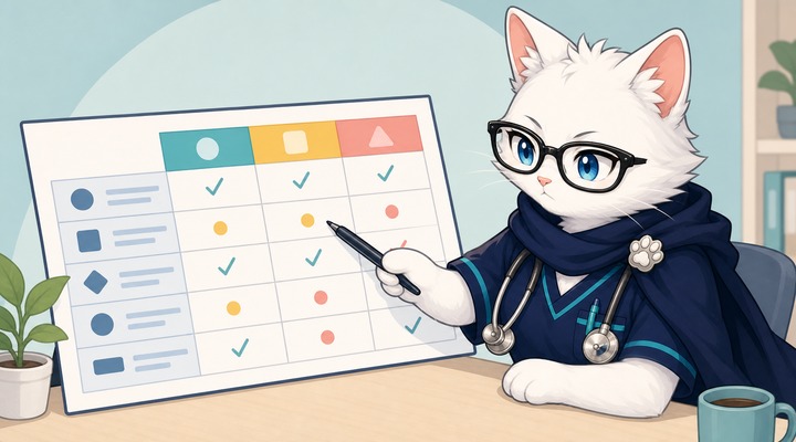 比較表をペンで指差してチェックしている猫ナース