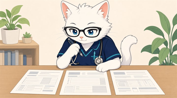 3枚の求人票を並べて見比べている猫ナース
