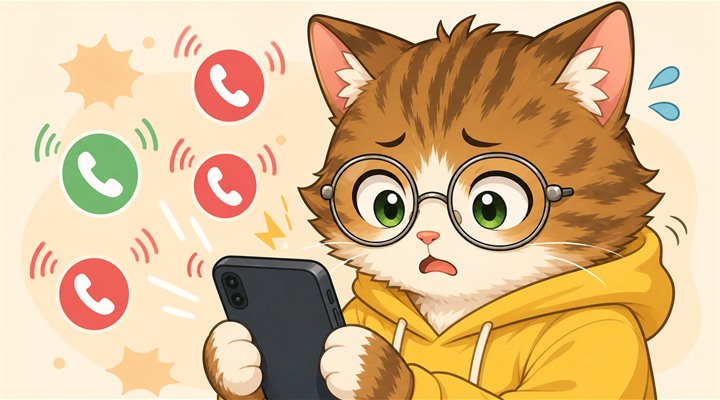 何度も着信が来て困り顔になっているイラスト