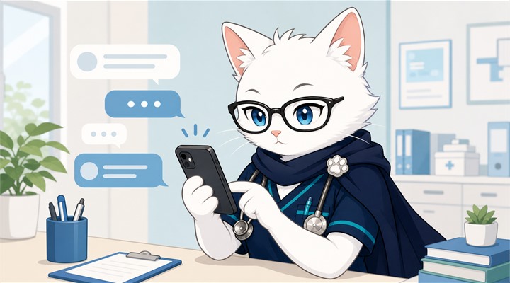 連絡頻度を減らしてほしいとメッセージしている猫ナースのイラスト