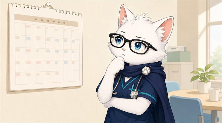 カレンダーの前で腕を組んで転職時期を考えている猫ナースのイラスト