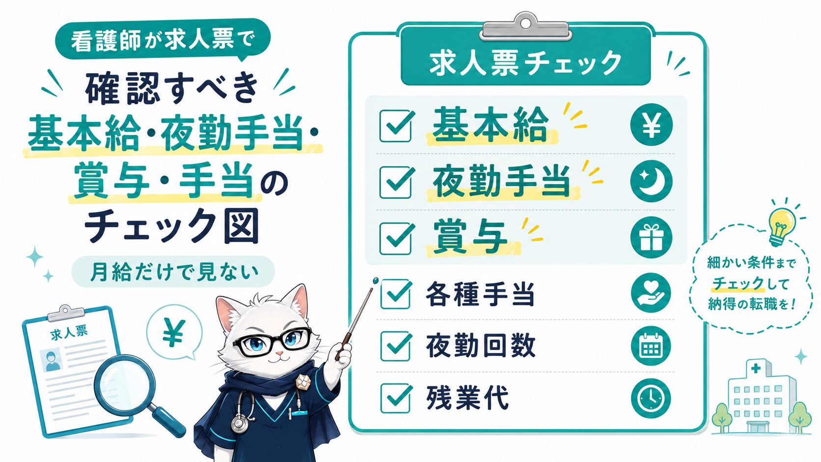 求人票で基本給や夜勤手当や賞与をチェックする図