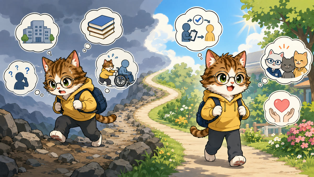 転職直後はきついが慣れると景色が変わる説明イラスト